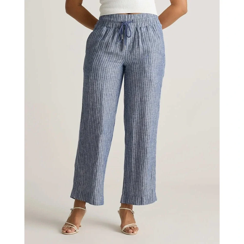Quince European Linen Wide Leg Pants Chambray Stripe Blue White Small NWT